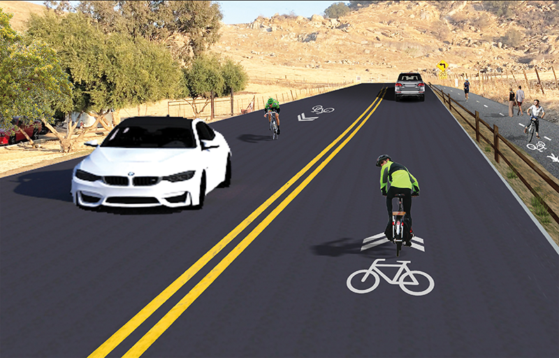 Under the first design plan the roadway would be widened to 20 feet for two lanes intended to be shared by cars and cyclists while a Class I bike and pedestrian walk way would be fitted to the right of the road. Rendering courtesy of 4 Creeks